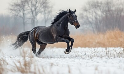 A black horse galloping through snowy field.