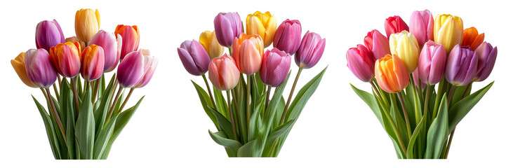 Colorful tulip bouquet isolated on a transparent background perfect for floral-themed illustrations or home decor designs.