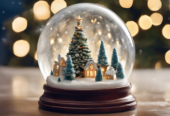 Glass ball with snow and New Year tree. Christmas decorations, winter holidays, gifts