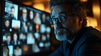 A man with glasses and a beard looks intensely at the camera in front of a computer screen.