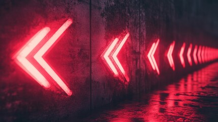 Glowing Red Chevron Arrows, abstract arrangement of illuminated road signs, vibrant red colors, creating a dynamic visual pathway.