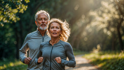 active seniors jogging in the morning sun, golden hour