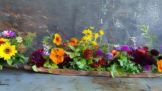 Vibrant array of flowers is arranged in a rustic wooden planter, creating a stunning centerpiece for any occasion. The colorful blooms and lush greenery add a touch of natural beauty to the scene