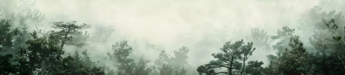 Fototapeta premium A panoramic view of a misty pine forest, with a white background. This fine art photography features heavy brush strokes