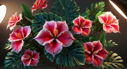 Selbstklebende Fototapeten Floral arrangement of tropical leaves and azaleas  pink watercolor design  © Arceli