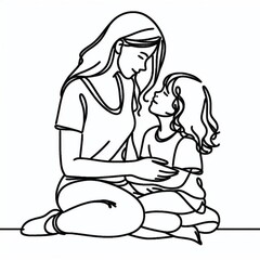Minimalistic drawing of a woman gently holds the hands of a young girl, both connected in a moment of tenderness