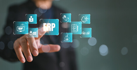 ERP software system for business sale and promotion planning concept. Enterprise accounting resource network solution. Business people use tablet with ERP data icon to analyze marketing technology