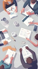 Flat vector illustration of a business team working together on a project, with charts and graphs laid out on the table