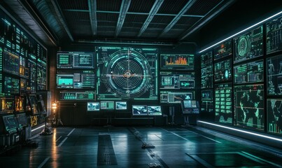 Dark futuristic room with digital screens.