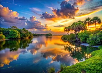 A beautiful sunset casts brilliant colors over the tranquil waters of Sawfish Bay Park, where lush greenery frames the peaceful landscape inviting reflection and serenity.