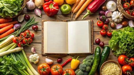 Blank Cookbook with Fresh Vegetables and Ingredients Surrounding it for a Delicious and Healthy Meal