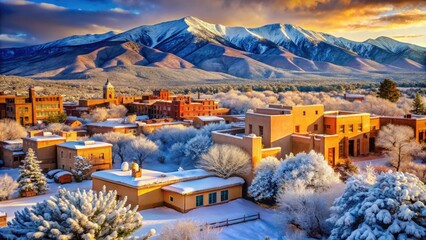 A beautiful winter scene in Santa Fe, New Mexico showcases majestic snow-covered mountains alongside charming architecture, creating a picturesque and serene landscape.