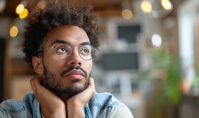 Pensive man in glasses distracted from computer work look in distance thinking or pondering, thoughtful biracial male lost in thoughts make plans visualizing, business vision concept