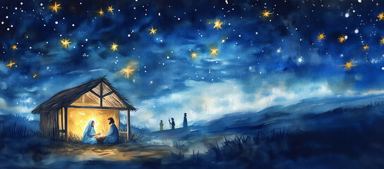 Christmas Nativity Scene in Watercolor Illustration. This beautiful watercolor illustration depicts a classic Christmas Nativity scene, complete with the Holy Family and the three wise men.