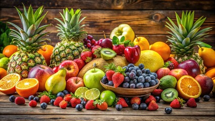 A charming assortment of fresh fruits elegantly presented on a wooden table, highlighting the importance of healthy eating and nutrition through their vibrant colors and flavors.