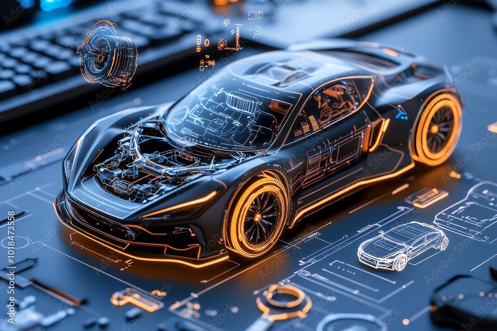 Fototapete 3D-rendered image of engineers reverse engineering a futuristic vehicle part, with digital tools and schematics floating around the workspace