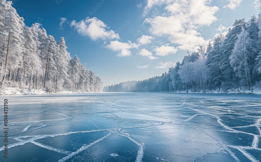 Poster a frozen lake in the forest, with ice cracks on its surface and trees covered in snow along both sid