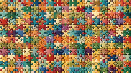 Fototapeta premium A vibrant jigsaw puzzle featuring a multitude of interlocked pieces, each showcasing unique, saturated hues and a glossy sheen.