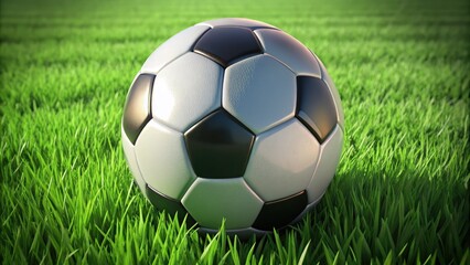 Fototapeta premium A classic black-and-white soccer ball rests on a lush, vibrant green grass field, eagerly awaiting the excitement of an upcoming football match.