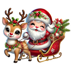 Christmas Santa Claus with Reindeer and Gifts Clipart, Christmas Festival Celebration