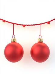 Christmas arrangement with red baubles and glittery decorations on a white background.