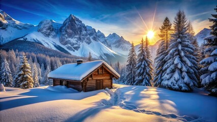 Fototapeta premium A cozy cabin rests amid snow-blanketed mountains, bathed in sunlight under a pristine blue sky, creating a serene winter wonderland filled with charm and tranquility.