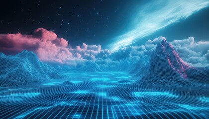 A virtual world constructed from glowing blue grids and holographic mountains, the sky full of data streams, empty space for advertising