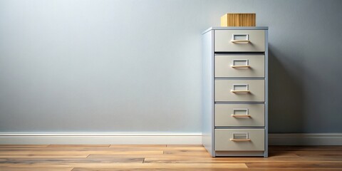 Realistic visualization of a minimalist file cabinet overflowing, unable to keep up, office, clutter, disorganization