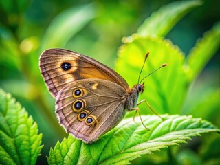 Fototapeta premium A delicate Wood Satyr butterfly rests gracefully on vibrant green leaves, blending harmoniously with its natural outdoor habitat, showcasing the beauty of nature's design.