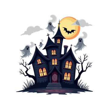 recommend clip art: Halloween haunted house T-shirt Design, Hand drawn artistic illustration on a clean white background, Icon Concept isolated. High-quality vector artwork, ideal for spooky t-shirt prints.