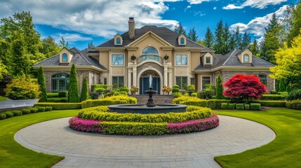 Obraz premium Grand Mansion with Stone Facade and Fountain in a Lush Garden