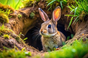 Fototapeta premium A diagram showcasing a rabbit burrow's structure and features within its natural habitat, highlighting tunnels, chambers, and environmental elements surrounding the burrow.