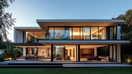 Modern Two-Story House with Large Windows and a Patio at Dusk