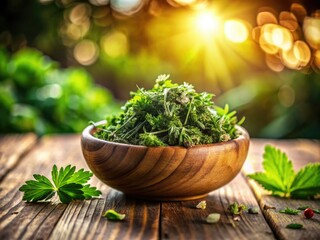 Displayed prominently in daylight, a stunning close-up reveals a carefully made weed bowl filled with rich green herbs, set atop a textured wooden surface.