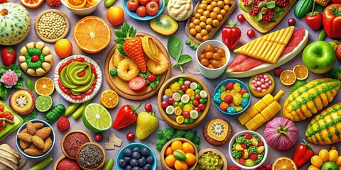 Dive into a lively collection of cartoon-style food illustrations featuring cheerful fruits, vibrant vegetables, tempting snacks, and indulgent desserts, all crafted in playful, imaginative styles.