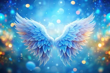 Against a soothing blue bokeh background, angel wings unfold, enveloped in bright light shafts, crafting an otherworldly setting that radiates calmness and serenity.