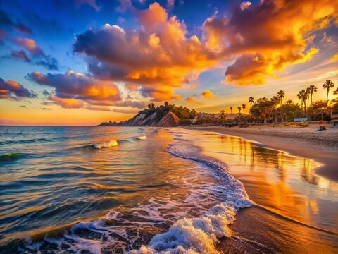 Doheny Beach in California offers a breathtaking sunset view, with ocean waves gently crashing against the sandy