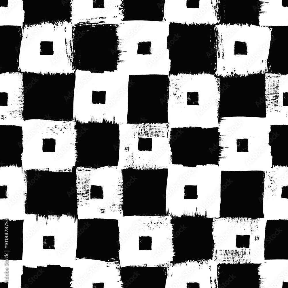 Aufkleber Vector checkerboard pattern. Seamless black and white brush stroke background. Checkered print with distress texture. Painted chequered ornament for kids. Childish design