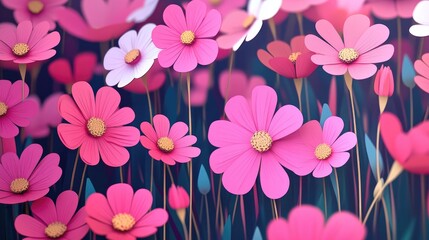 Vibrant field of pink cosmos flowers Colorful pink cosmos flowers in a lush field