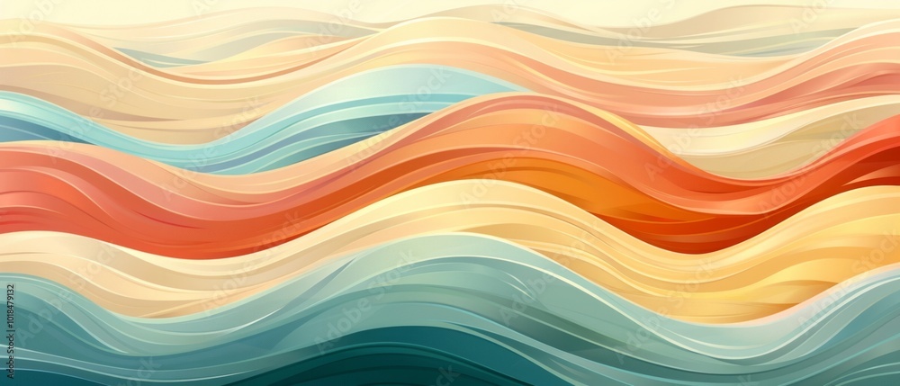 Wall mural abstract image shows dynamic wave pattern with vibrant gradient colors suggesting rhythmic sea movem