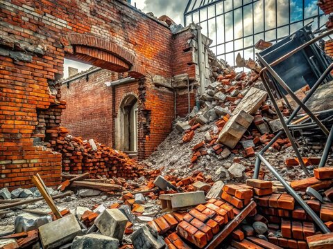 Dramatic scene of crumbling brick wall collapse, debris scattering everywhere, with chunks of broken concrete and