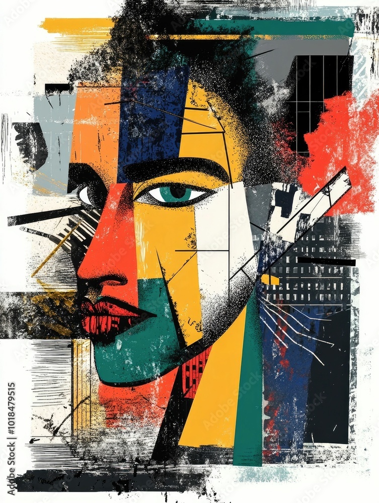 Poster visually striking abstract portrait composed of fragmented human forms surrounded by dynamic geometr