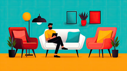 Modern living room with colorful furniture, plants, and a man using a tablet.
