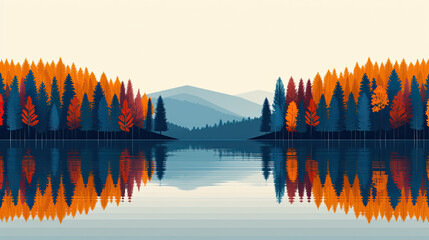 Obraz premium Scenic autumn forest reflection on calm lake with colorful trees and mountains.