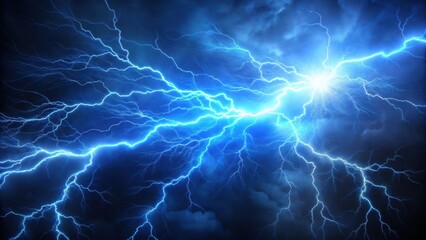 Fototapeta premium Blue lightning striking in the dark sky, powerful, thunderstorm, energy, electric, flash, storm, dramatic, nature