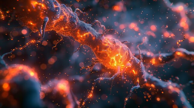 Abstract background of neural structures with gray spirals, orange particles and bright colors on dark blue background. Dynamic and futuristic mood.