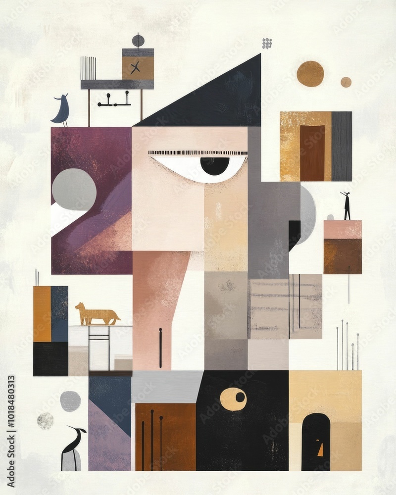 Poster This minimalist geometric poster features abstract human and animal forms in a muted color palette  with scattered symbolic elements throughout the composition  The modern