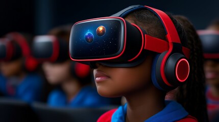 Virtual Reality Education: Young girl immersed in VR headset during class. Exploring new worlds of learning. 