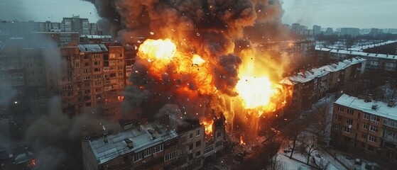 A city's residential area is engulfed in a massive nighttime explosion, with a building ablaze and black smoke rising. The scene depicts chaos and potential widespread damage.
