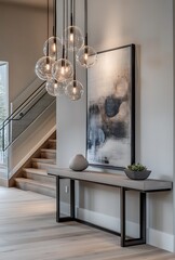 A sleek entryway with minimalist lighting, a modern staircase, and unique art.